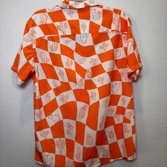 NEGATIVE SPACE Mens Short Sleeve Shirt Shorts Set Checked Cactus Orange White M - Picture 3 of 11